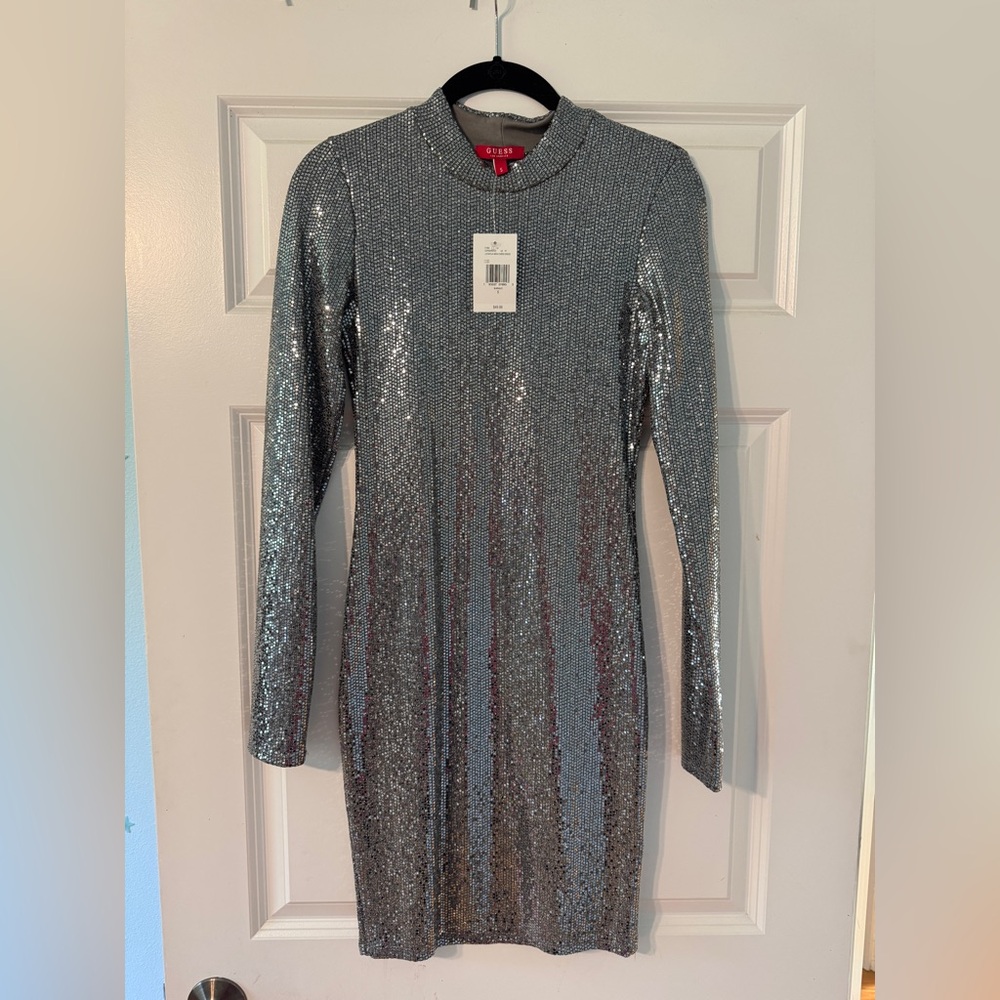Guess Silver Sheath Dress Long Sleeve Mock Neck